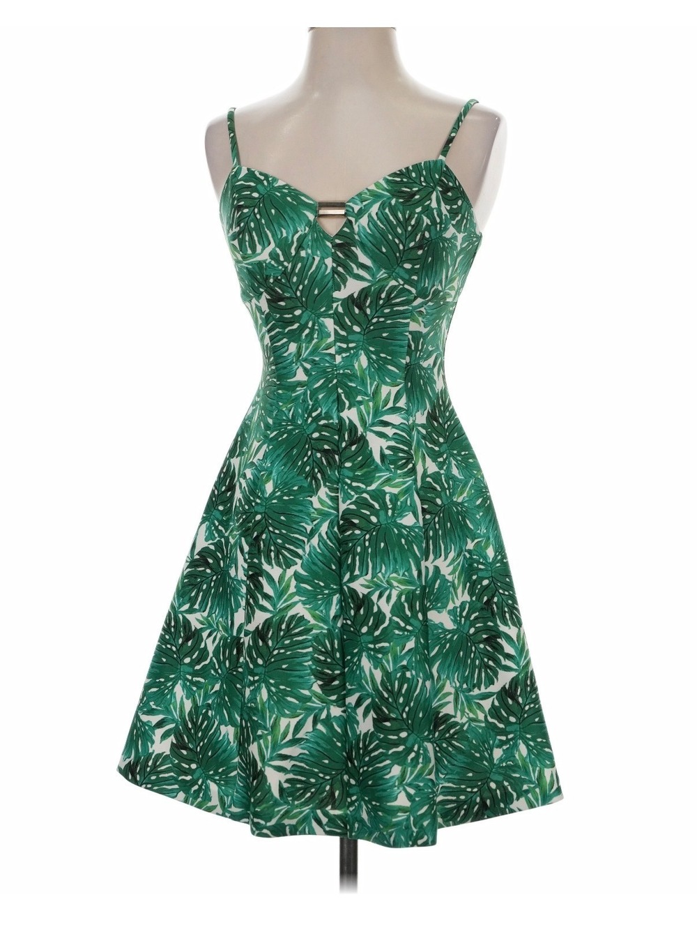 Guess Mini Dress 0 Green Leaf Print Stretch Garden Party Summer Wedding Tropical
